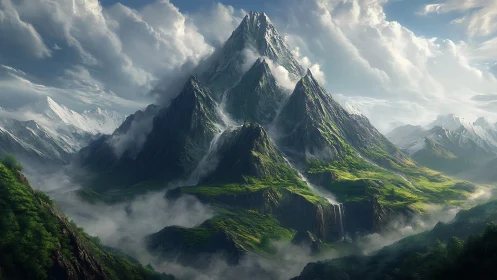 Towering green mountain range under dramatic cloudy sky.