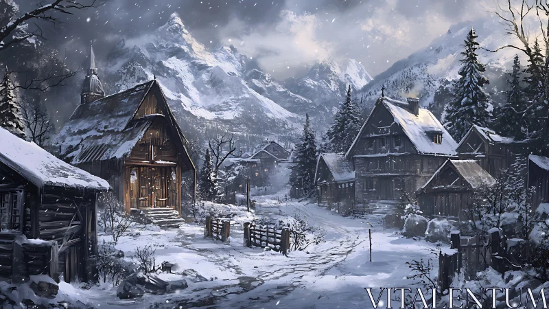 Snow covered mountain village with wooden houses in winter