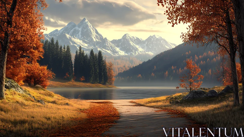 Autumn alpine lake with snowy peaks and cinematic warm light.