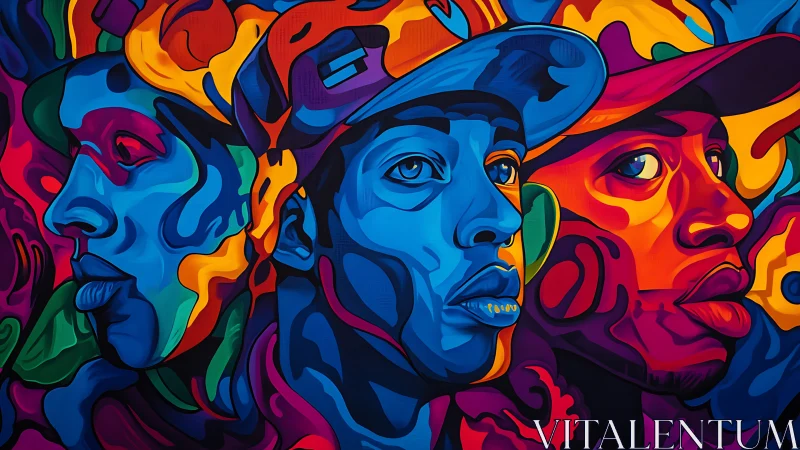 Vivid pop art triptych of three overlapping male faces.