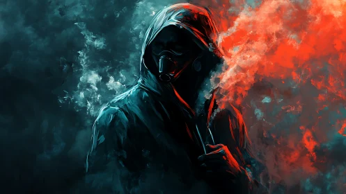 Hooded gasmask figure in dual-tone digital painting composition.
