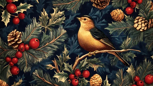 Songbird on pine and holly branch rendered as ornate digital textile