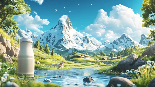 Alpine milk bottle daydream beside crystal mountain stream.