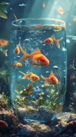 Goldfish turn a tall water glass into a shimmering forest