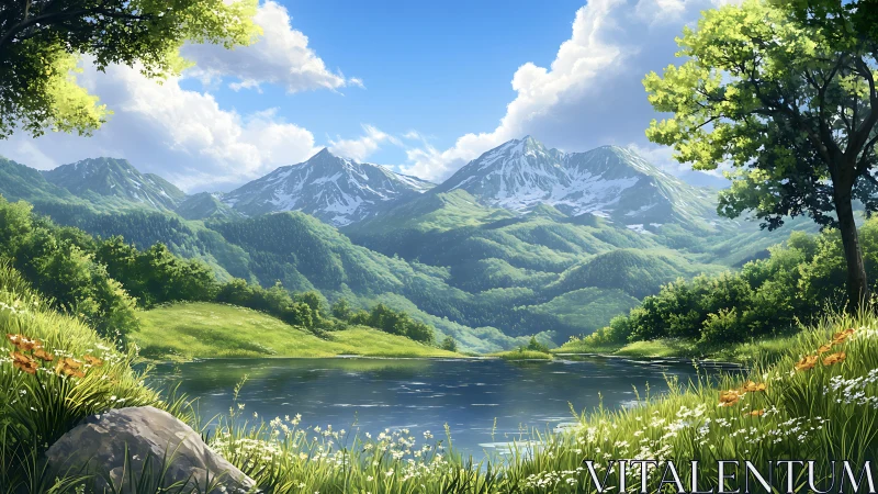 Luminous alpine basin with snow-capped ridges and reflective pond.