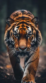 Low-angle telephoto capture isolates stalking tiger with shallow DOF