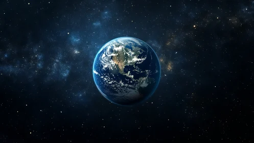 Planet Earth illuminated in deep star-filled outer space.