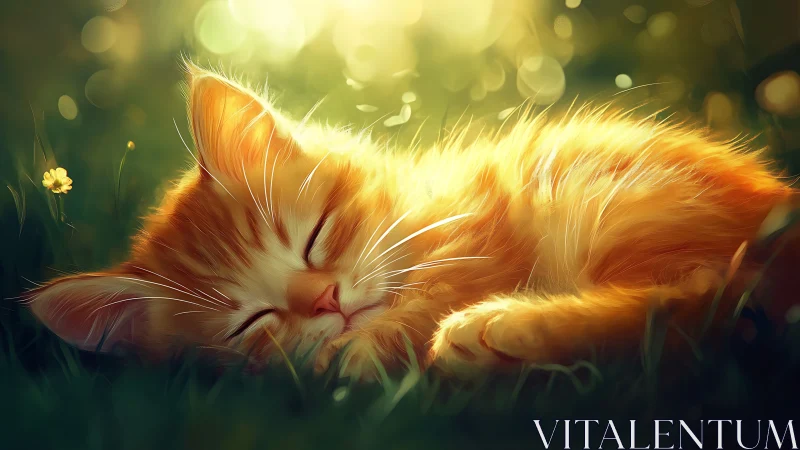 Golden Feline Resting in Sunlit Meadow with Bokeh Background.