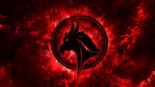 Black stylized lion emblem centered on red abstract background