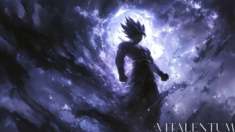 Cosmic martial warrior emerging through swirling violet energy.