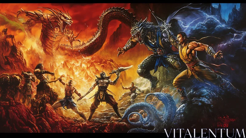 Elemental warriors clash amid dragon fire and storm surge.