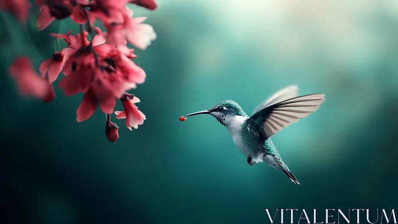 Hummingbird approaches red blossoms against soft teal background.