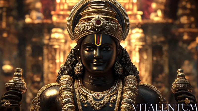 Radiant temple deity bathed in golden evening glow.