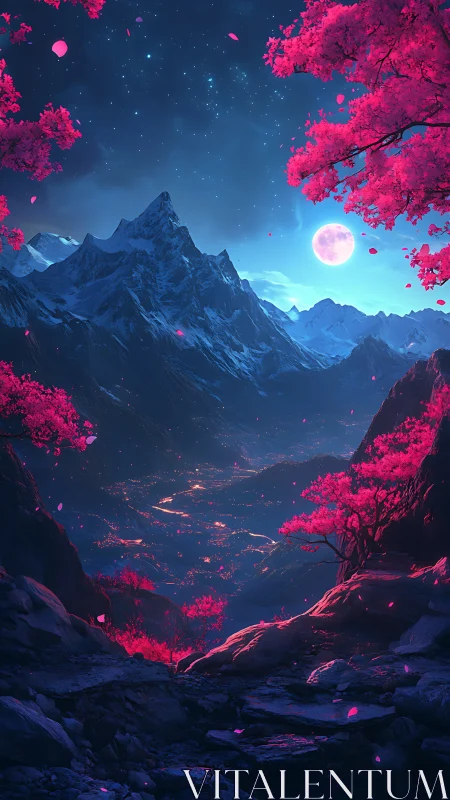 Moonlit valley hums beneath fuchsia blossom mountains