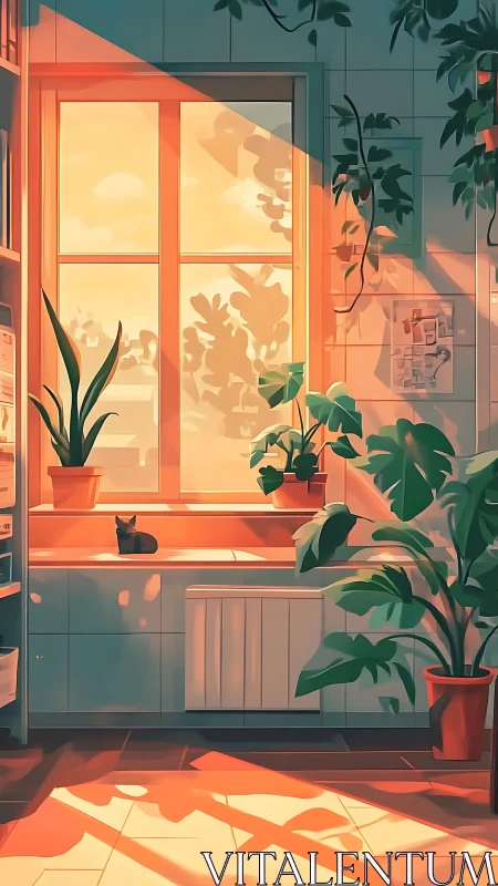 Sunlit kitchen window bathes plants and resting cat in warmth
