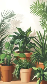 Sunlit terracotta houseplants with layered tropical foliage