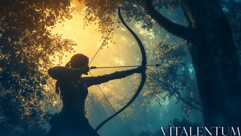 Forest archer poised in glowing twilight, ready to release.