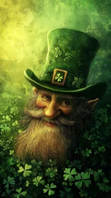 Whimsical leprechaun portrait in luminous clover foliage.
