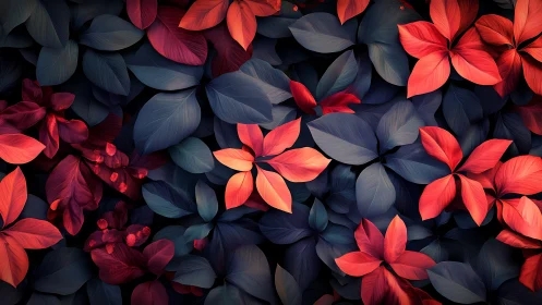 Red and dark blue stylized foliage pattern in close view.