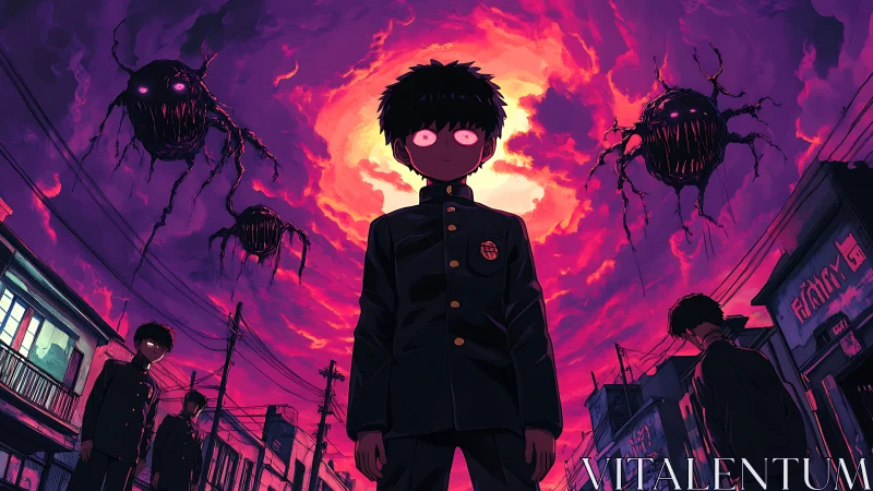 Haunted schoolboy under apocalyptic neon sky of spirits.