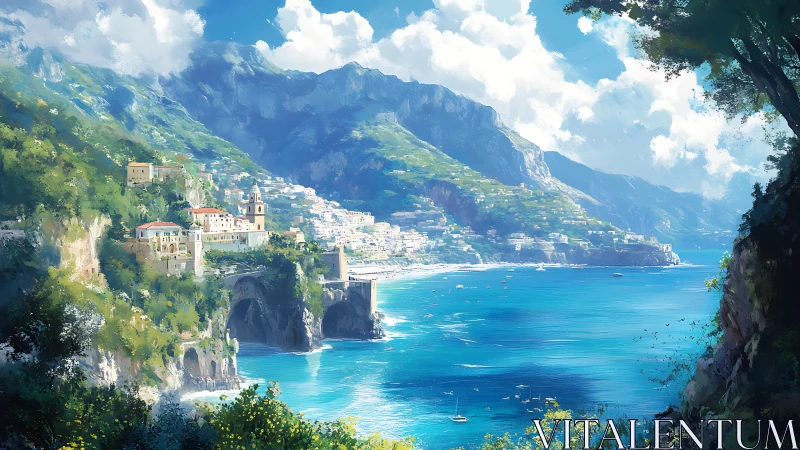 Coastal cliff town overlooks luminous turquoise bay panorama.