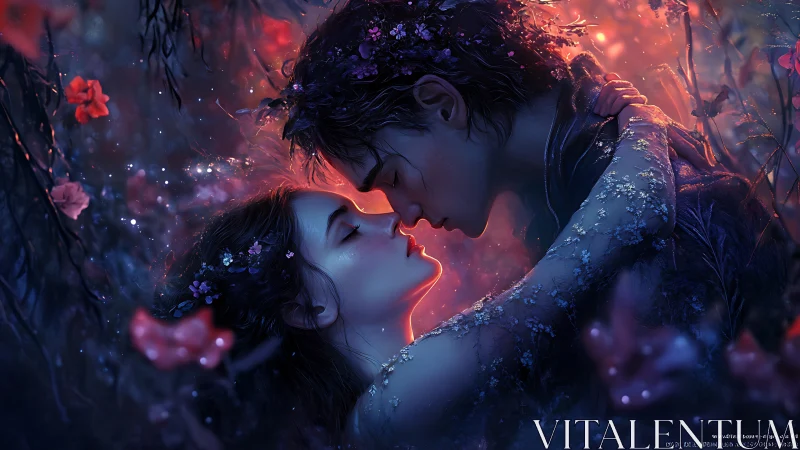 Two figures in intimate moment with luminous particles and floral elements.