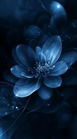 Translucent blue digital flower on deep dark background.