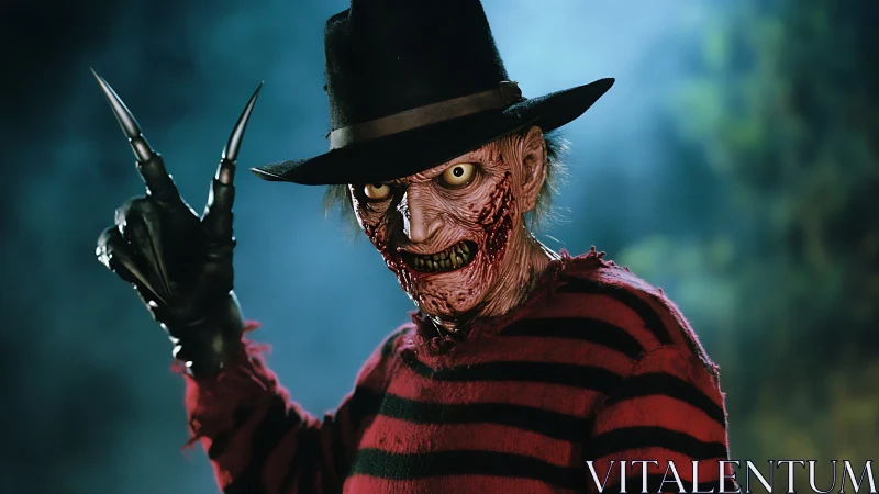 Grotesque clawed figure in striped sweater poses at night