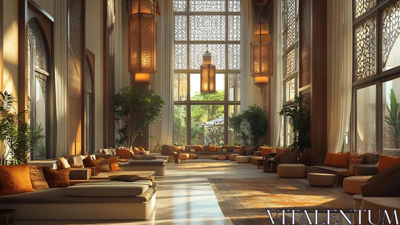 Sunlit Moroccan lounge with ornate lattice windows and lamps