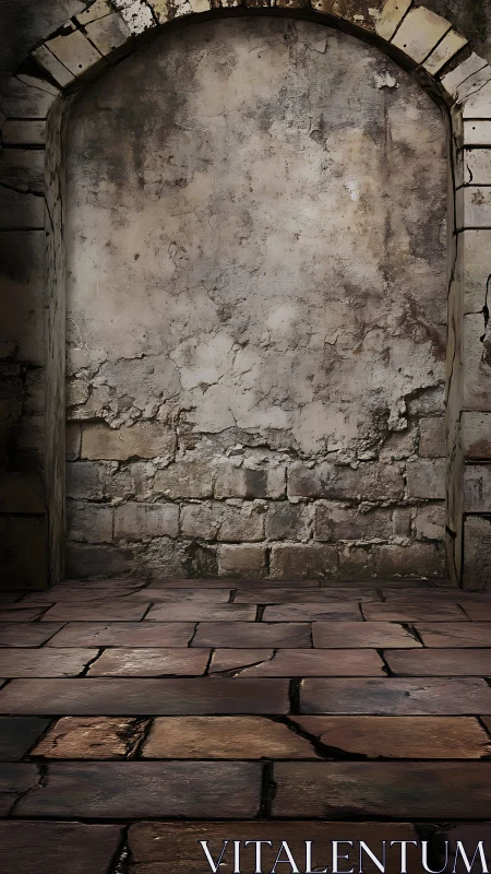 Weathered stone alcove with cracked plaster wall and tiles