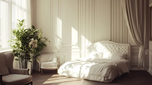 Soft morning light in a tranquil, elegant neutral bedroom.