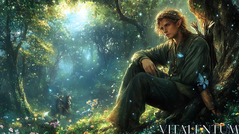 Forest-bent elf listens while butterflies script glowing myths