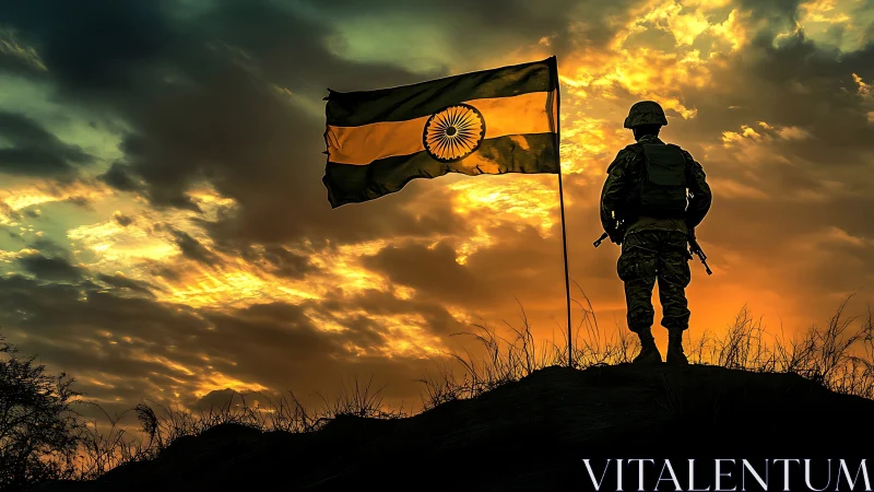 Silhouetted soldier beside Indian flag against sunset sky.