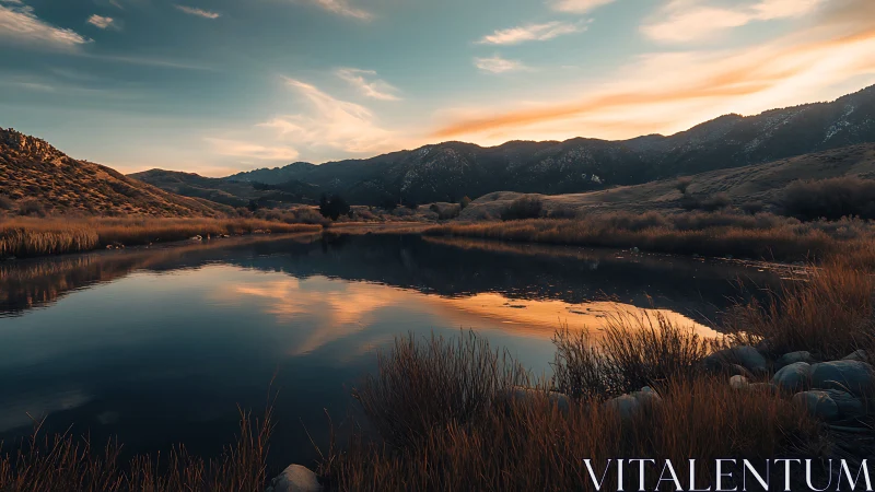 Sunset reflections over tranquil mountain lakeshore panorama.