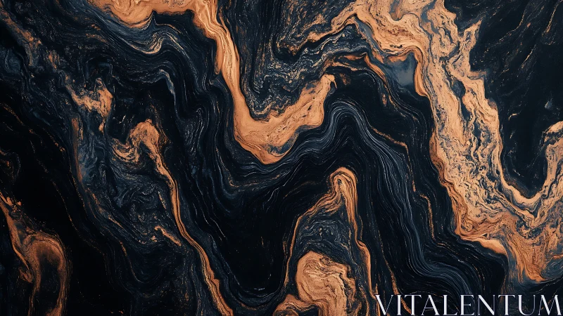 Copper and midnight fluid marble texture with organic swirls