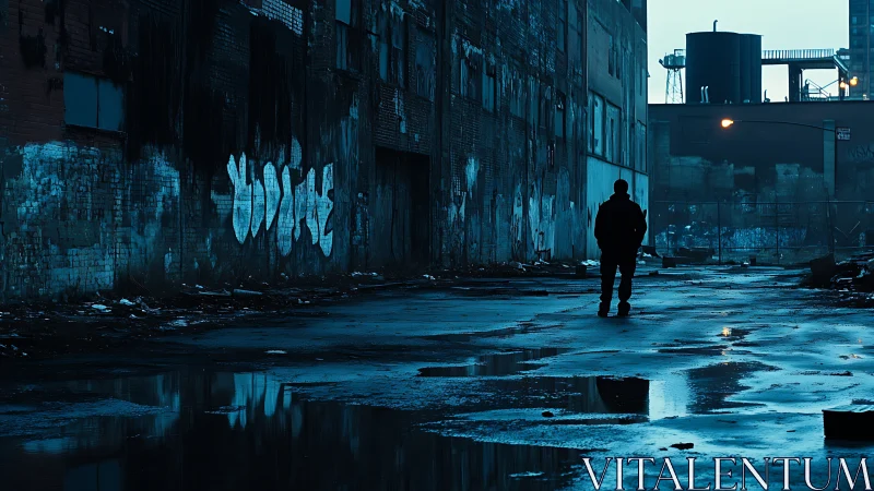 Solitary figure in wet industrial alley at blue hour twilight