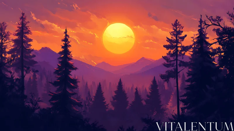 Emberwood pines drinking a molten violet mountain sunset.