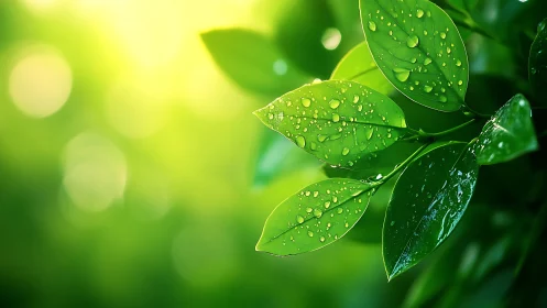 Morning light warms fresh green leaves drenched in raindrops