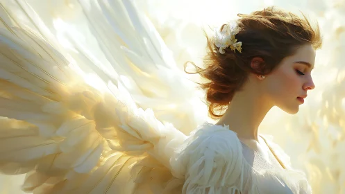 Winged woman in side profile stands amid bright soft light