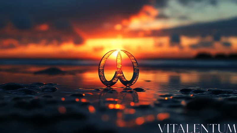 Glass crescent relic catches a burning shoreline sunrise glow.