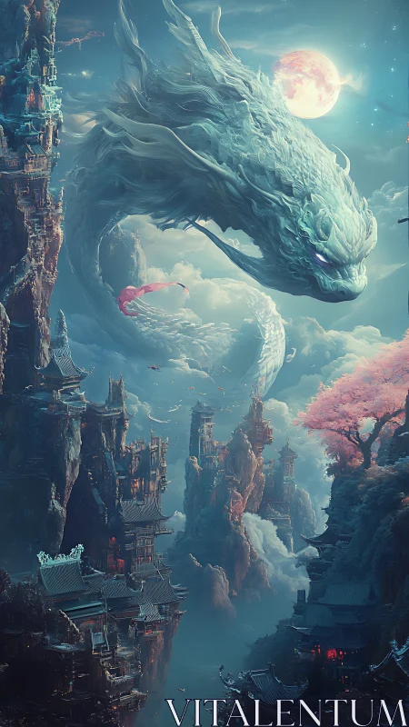 Mythic sky dragon over vertical wuxia megastructures.