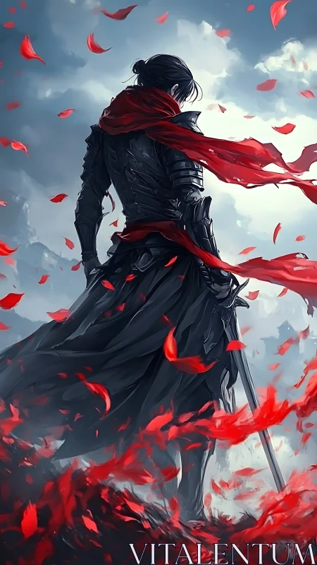 Armored swordsman in red scarf amid swirling crimson petals