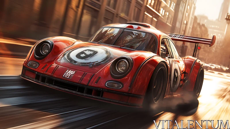 Red retro race car slices sunrise city streets.