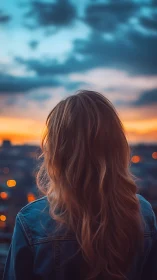Woman watches glowing city at dusk under vivid sky
