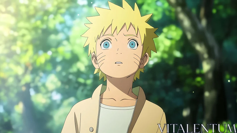 Blond anime boy in sunlit forest with soft bokeh background.