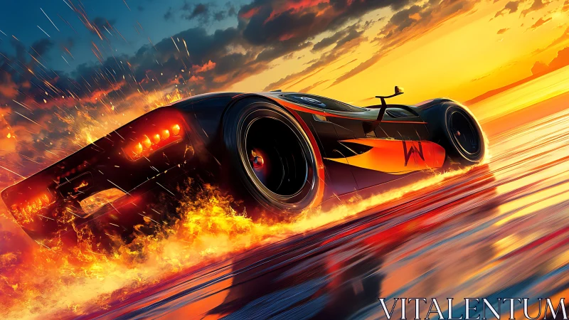 Flaming futuristic race car charging across sunset shoreline.