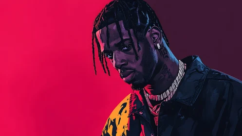 Neon-lit rap icon broods against blazing magenta dusk.