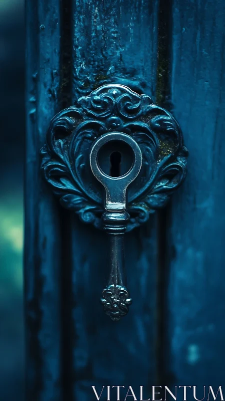 Ornate iron keyhole on weathered teal wooden door panel.