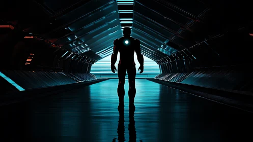 Silhouetted exosuit figure in cyan lit sci fi corridor interior