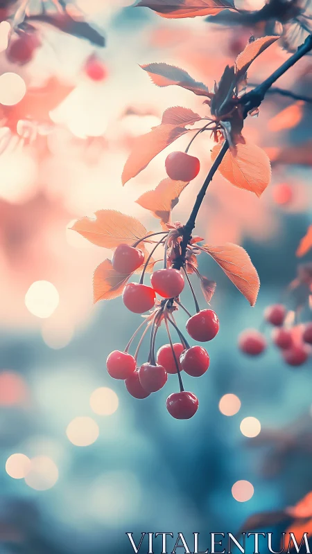 Sunlit cherry branch glows in dreamy pastel bokeh haze.